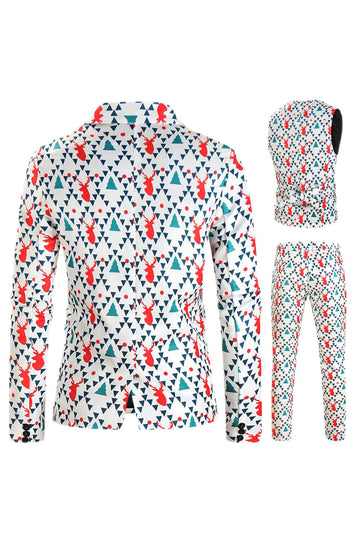 Reno blanco impreso 3 piezas Navidad Trajes de hombre